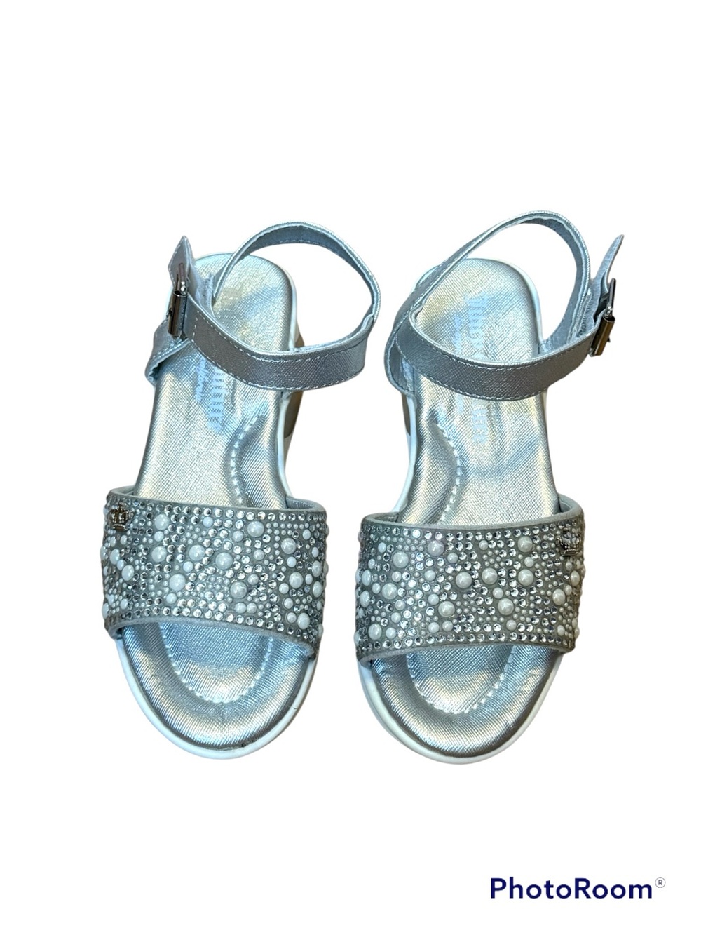 NWOT Juicy Couture Silver Pearl & Rhinestone Girls' Ankle-Strap Sandals
